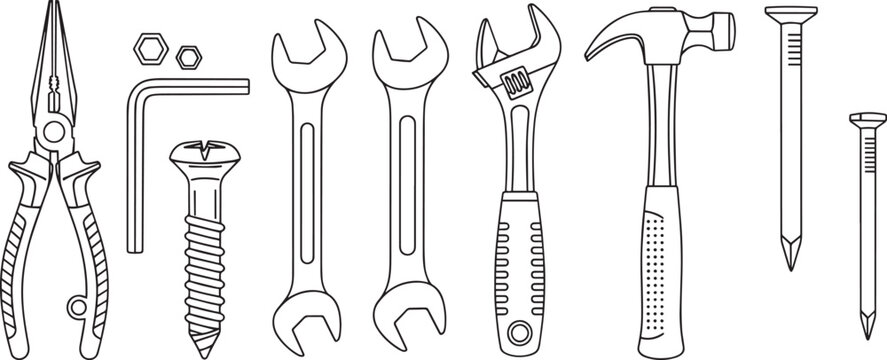 Set of construction tools and fasteners on transparent background