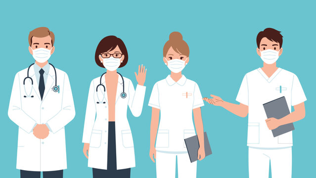 Diverse team of dedicated doctors and nurses wearing protective masks in a medical setting