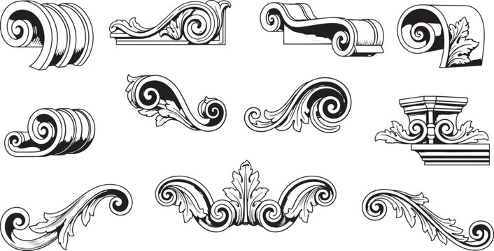 Architectural elements and decorative ornaments on transparent background