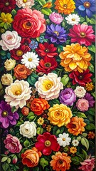 A vibrant, colorful floral arrangement in a vertical orientation