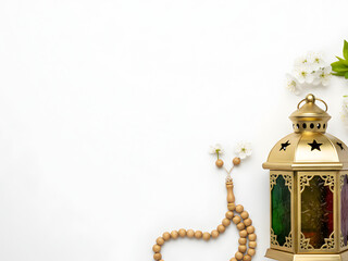 Flatlay composition of golden lantern and wooden beads with spirituality