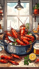 A vibrant illustration of cooked lobsters in a pot, ready to serve