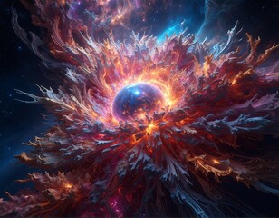 A vibrant cosmic explosion featuring a central blue planet
