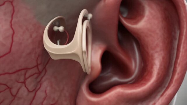 Cochlear Implant Device Inside Human Ear Close-up.