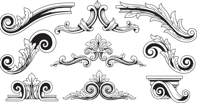 Vintage floral ornaments baroque scroll decoration engraving vector