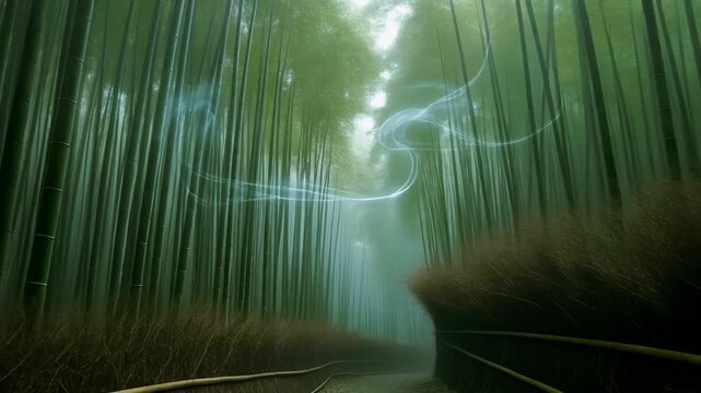 Fog moving like threads through dense bamboo forest, weaving left-right in a rhythmic pattern, 4K loop