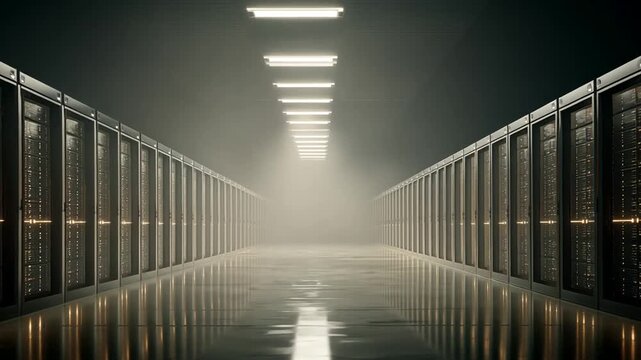 Rows of computer servers in a dimly lit data center with fog effect