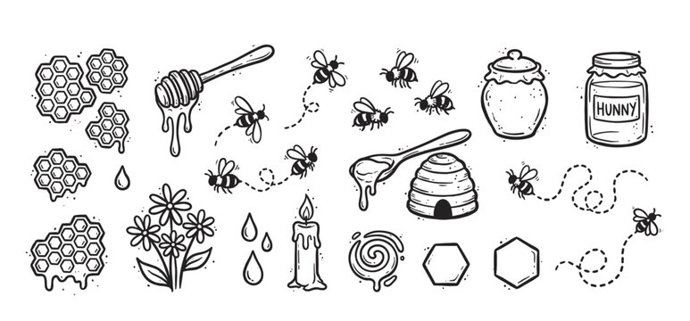 Hand-drawn honey and bee doodle collection featuring a beehive, honeycomb, flying insects, jars, a dipper, and flowers in a charming black and white line art sketch style