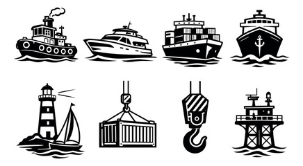 Fototapeta premium Stylized maritime set featuring various vessels, navigation aids, and port equipment for transportation and logistics concepts
