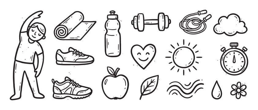 Charming collection of hand-drawn healthy lifestyle doodle icons including a stretching person, yoga mat, dumbbell, apple, and other wellness symbols in a monochrome sketch style