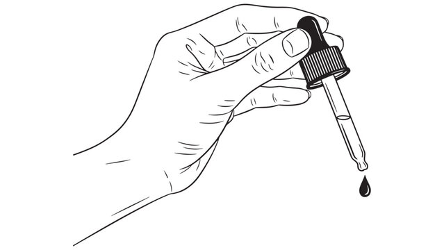 Hand with dropper releasing reagent drop vector illustration representing laboratory sampling, assay preparation, reagent procurement and cost analysis for clinical research supply management
