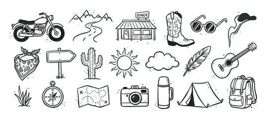 Obraz premium Collection of hand-drawn road trip icons featuring a motorcycle, diner, cactus, tent, and guitar in a black and white doodle style for adventure and travel concepts