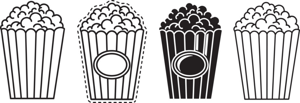 Set of four popcorn box outline and filled icons for cinema snack