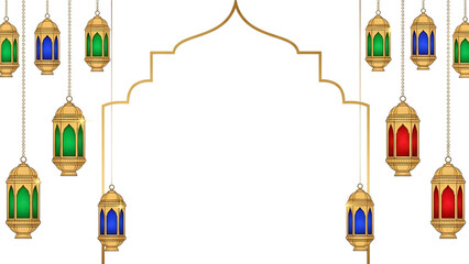 Golden islamic lanterns with archway design perfect for ramadan decoration on transparent background