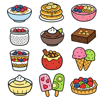 ヘルシー・罪悪感なしスイーツをモチーフにしたかわいいアイコンセット 透過PNG｜ヨーグルト、パンケーキ、スムージーボウル、チアプディング、アボカドチョコレートムース、ブラウニー、グラノーラパフェ、焼きりんご、アイスクリーム、プディング、アイスキャンディー、フルーツタルトを描いたポップなベクター素材