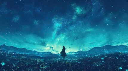 Obraz premium Anime Silhouette Girl Under Starry Night Sky Wallpaper, Dreamy Pastel Aurora Background, Soft Aesthetic Galaxy