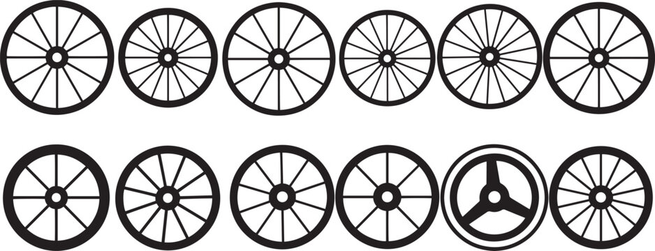 Collection of twelve different style wagon and cart wheels