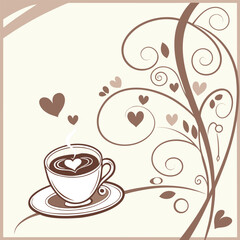 A steaming cup of coffee with a heart shape on top.