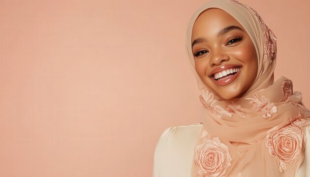 Beautiful young woman wearing a light colored embroidered head covering smiles brightly against a solid background