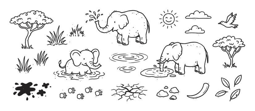 Hand-drawn black and white doodle set of cute elephants playing, drinking water, and bathing in a savanna landscape with trees, sun, and other nature elements in a charming cartoon style