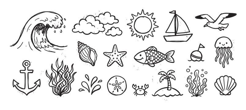 Hand-drawn black and white doodle set of marine and nautical elements in a cute sketch style, including an ocean wave, fish, seashell, anchor, boat, sun, and various sea creatures