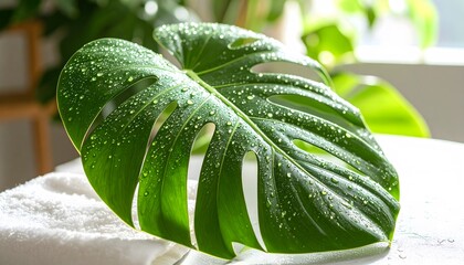 Obraz premium Dew-Kissed Monstera Leaf on White Surface