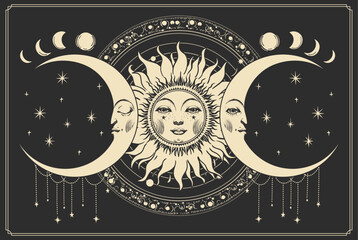 Celestial sun and moon with a face, astrology banner on a black background, tarot card, vintage style mystical illustration with star ornament. Astronomy and esoteric symbolism concept for design and