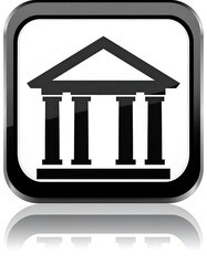 Black and white icon of a building with a triangular roof supported by columns, set in a square frame with a glossy reflection