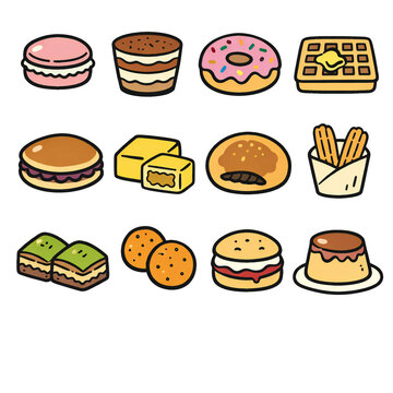 世界のおやつ・海外スイーツをモチーフにしたかわいいフードアイコンセット 透過PNG｜マカロン、ティラミス、ドーナツ、ベルギーワッフル、どら焼き、パイナップルケーキ、ホットク、チュロス、バクラヴァ、ラドゥ、スコーン、フランなどをポップに描いたベクター素材