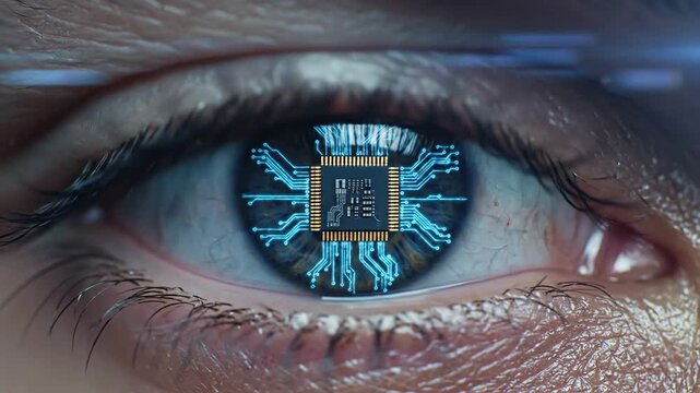 Close-up of an eye with a microchip reflecting in the pupil