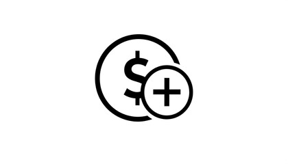 Black and white icon of a dollar sign within a circle, with a smaller circle containing a plus sign to its right