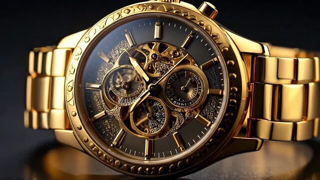 Elegant golden wristwatch showcasing intricate internal mechanisms against a dark background.