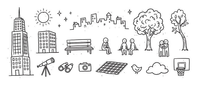 Large collection of hand-drawn city doodles featuring urban and park elements like skyscrapers, people, trees, and a bench in a charming black and white line art illustration style