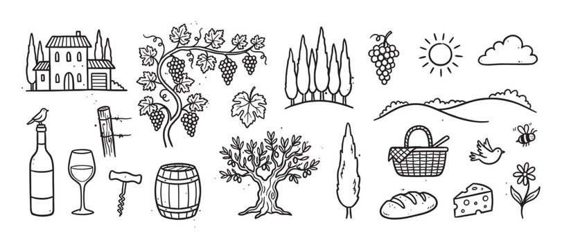 Charming set of hand-drawn doodle icons depicting a rustic vineyard and picnic theme with wine, grapes, cheese, bread, an olive tree, a farmhouse, and other countryside elements