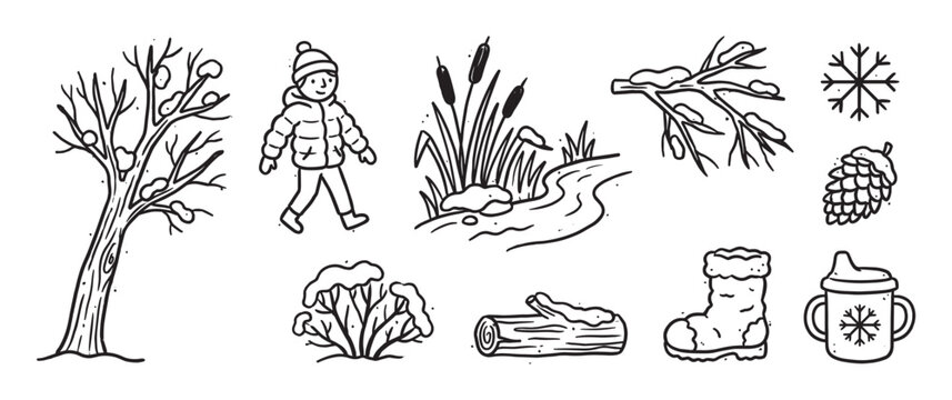 Set of hand-drawn winter icons featuring a walking child, snowy tree, pinecone, snowflake, boot, and nature elements in a simple black and white doodle line art style