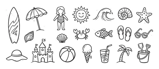 Set of hand-drawn summer beach icons in a cute doodle style, featuring a sandcastle, surfboard, sun, crab, and ice cream for a fun vacation or travel theme