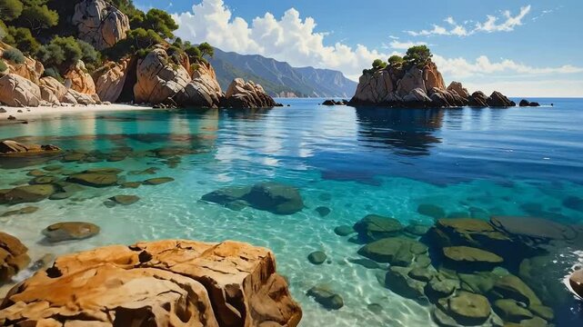 Idyllic tropical beach with crystal clear turquoise water and y coastline.