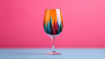 A vibrant glass featuring a colorful forest design, set against a pink backdrop, creating a striking visual contrast.