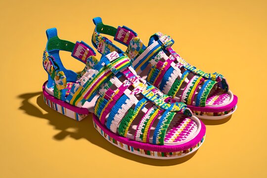 Vibrant multicolored handwoven huarache style platform sandals showcase intricate craftsmanship against a bright sunny yellow background with dramatic studio lighting effects