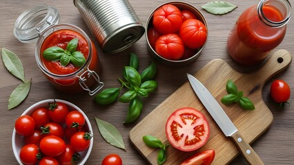 Fresh tomatoes and homemade tomato sauce ingredients on a wooden table