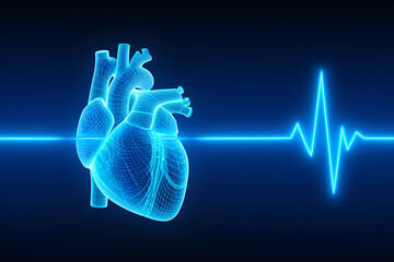 Blue wireframe human heart with glowing neon electrocardiogram line anatomy medical