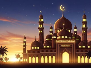 Islamic mosque at sunset silhouette of building with crescent moon