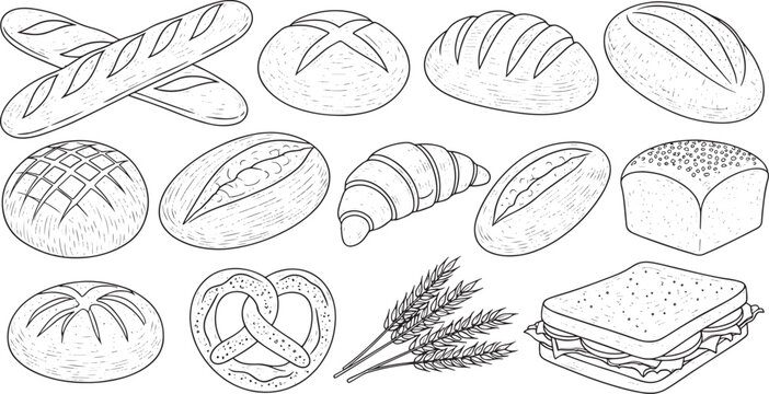 Outline drawing set of various baked goods breads rolls and pastry vector