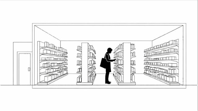 High-quality black continuous line art of a retail store side view floor plan with black silhouette shopper browsing shelves, modern shop interior illustration