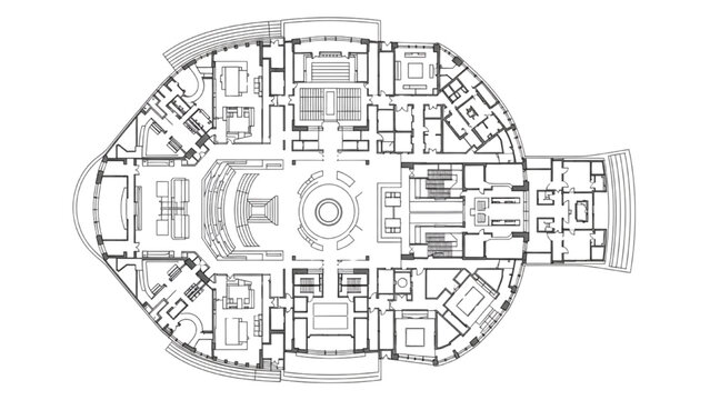 High-quality black continuous line art of a museum floor plan, side view layout, modern exhibition space and cultural architecture illustration