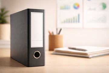 Black Ring Binder Folder with Blank Label Standing on Wooden Office Desk