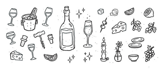 Hand-drawn set of wine and food doodle icons for a romantic dinner or party, including a bottle, glasses, cheese, grapes, and a candle in a sketchy black line art style