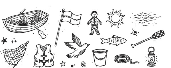 Set of hand-drawn fishing and sea themed doodle icons including a rowboat, fish, net, lantern, life vest, and sun in a charming sketchy monochrome illustration style