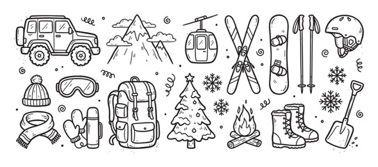 Obraz premium Collection of hand-drawn winter sports doodles featuring a car, mountains, skis, snowboard, and camping gear in a charming black and white line art illustration style for adventure themes