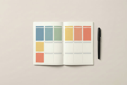Open weekly planner notebook with colorful grid layout and black pen on beige background top view - Powered by Adobe